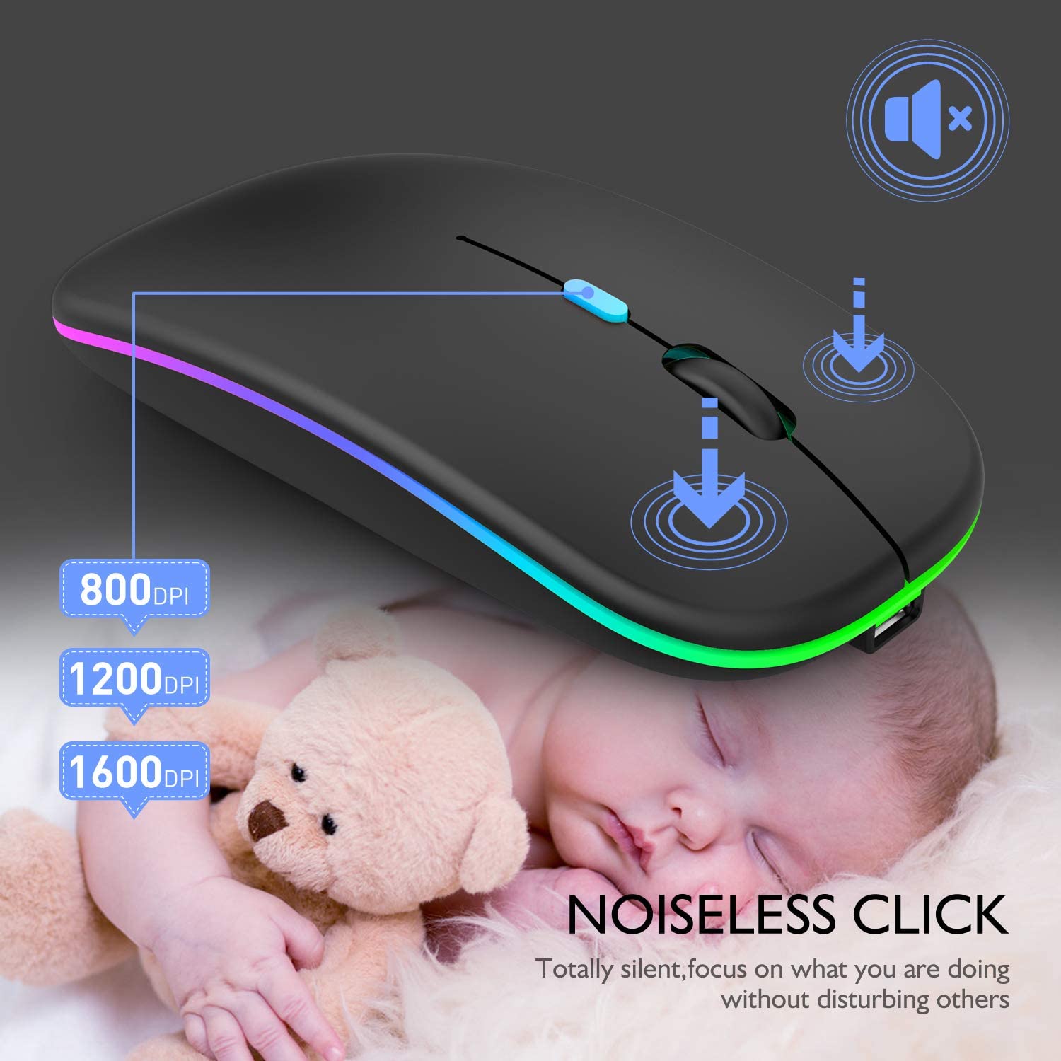 Eleboat® Portable Wireless Bluetooth Mouse,LED Rechargeable Dual Mode(Bluetooth 5.0 and 2.4G Wireless) - Black Eleboat® Portable Wireless Bluetooth Mouse,LED Rechargeable Dual Mode(Bluetooth 5.0 and 2.4G Wireless) - Black